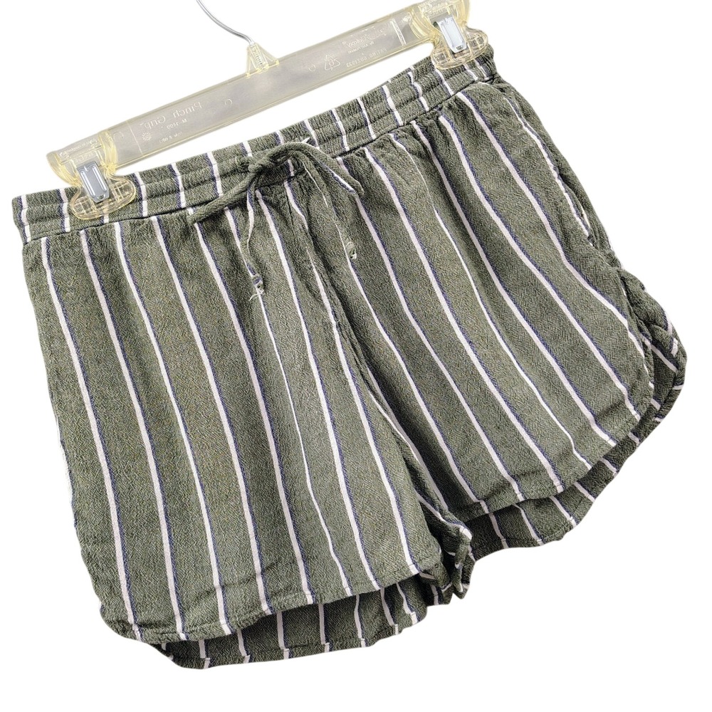 Linen Blend Striped Shorts Olive Green White Pull On Sz S Coastal Boho Chic